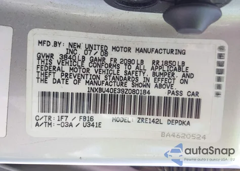 2009 Toyota Corolla Le из США, поврежденный, VIN 1NXBU40E39Z080184